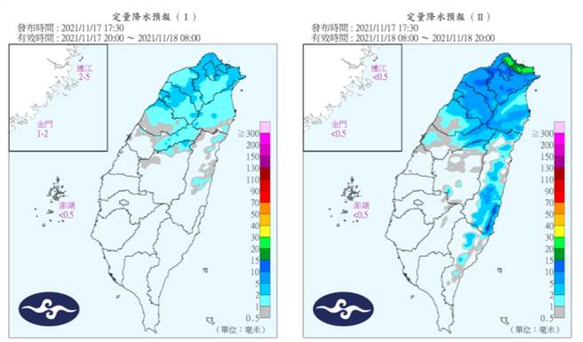 定量降水预报显示，中部以北、东半部地区及南部山区有局部短暂雨的情况发生。（图／中央气象局)