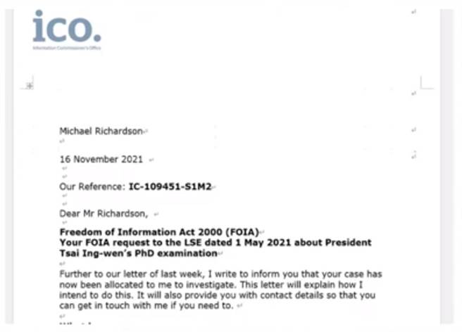 英国资讯委员会办公室（UK Information Commission’s office，ICO）回信给前专栏作家麦克．理查森（Michael Richardson）。（图/翻摄自 政经关不了 网路节目）