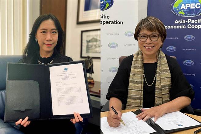 我國捐款150萬美元協助APEC推動計畫，由台灣APEC資深官員吳尚年（左）與APEC秘書處執行長蕾貝卡11月初異地簽署備忘錄。（APEC秘書處提供）