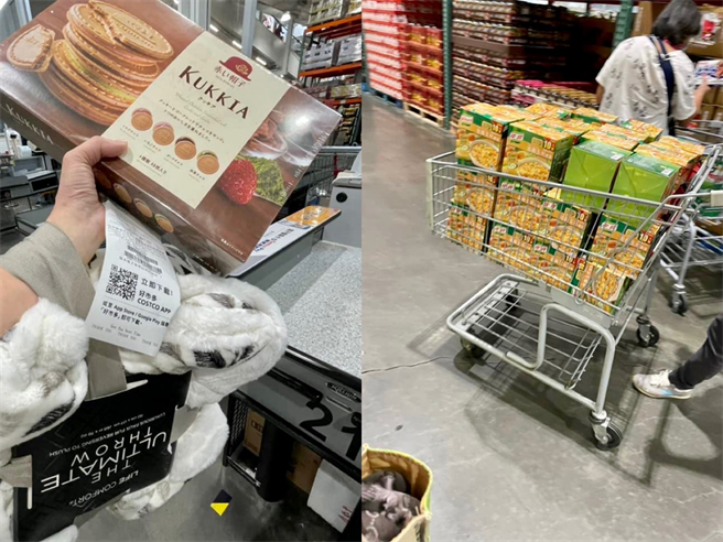 一名网友表示，她到好市多原本只想买两样商品(如图左)，结果一看到超优惠价钱反而愣住，她并拍下旁边推车的惊人战力(图右)。(组图截自脸书/Costco好市多 商品经验老实说)