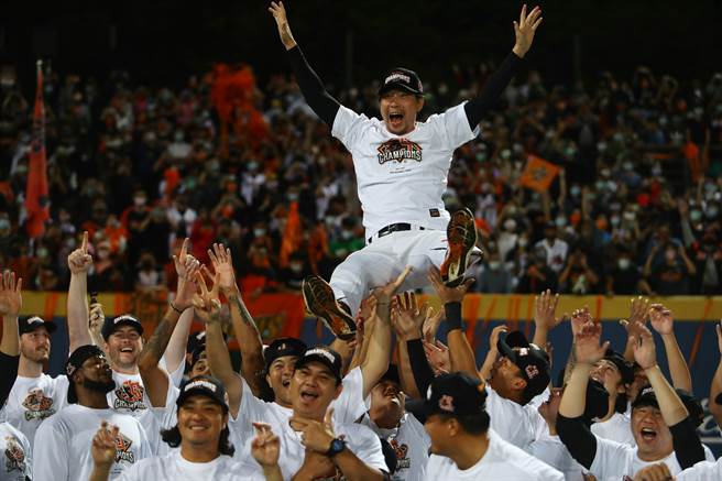 统一狮夺下半季冠军，赛后抛起总教练林岳平庆贺。（季志翔摄）