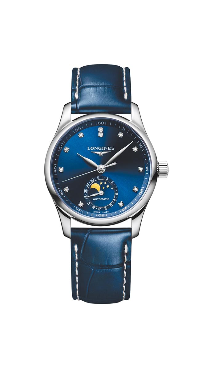浪琴表Master巨擘系列蓝色太阳纹面盘月相女表，8万8500元。（浪琴表提供）