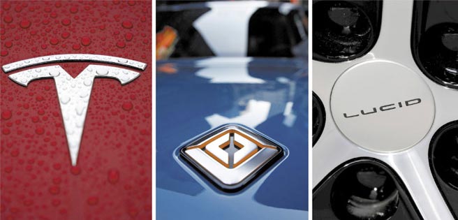 特斯拉（左起）、Rivian与Lucid，市值均居全球前六。图／路透