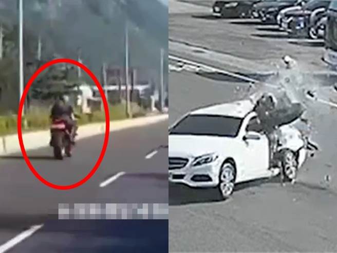 後方行車紀錄器畫面也曝光騎士最後身影，只見該騎士高速行駛在內車道上，不到5秒就從在鏡頭遠方與賓士碰撞，醫院事後指出騎士內臟幾乎全碎。（翻攝自記者爆料網）