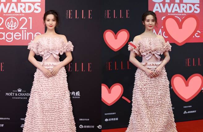 或许是因红毯时间延迟，刘诗诗生图（右）看来有些疲累，法令纹现形，但工作室分享的照片依旧甜美亮丽。（图／翻摄自诗诗的小板报、新浪娱乐微博）