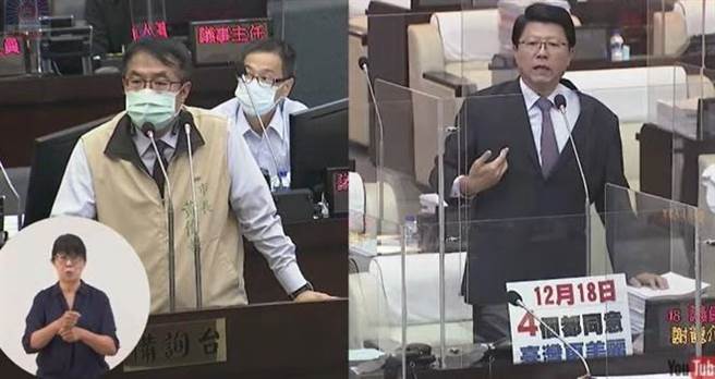 谢龙介（右）抛出陈时中选台南市长的可能性话题，黄伟哲（左）认为民进党家务事不该由国民党管。（台南市议会提供／程炳璋台南传真）