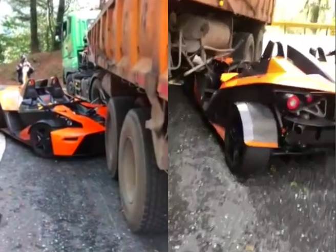 台8線中橫公路133.35公里慈恩路今（18日）中午11時許，1輛KTM X-Bow GT跑車疑似超速過彎，在轉彎時竟直接鑽進砂石車車底，造成車頭幾乎全毀。（翻攝自記者爆料網）