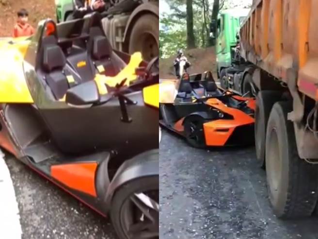 台8線中橫公路133.35公里慈恩路今（18日）中午11時許，1輛KTM X-Bow GT跑車疑似超速過彎，在轉彎時竟直接鑽進砂石車車底，造成車頭幾乎全毀。（翻攝自記者爆料網）