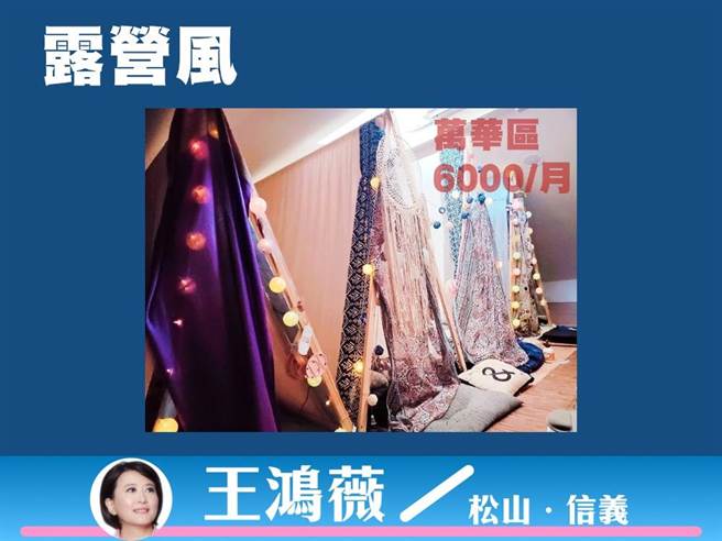 台北市议员王鸿薇发现北市有屋主在房间内搭4个帐篷出租，1个帐篷每月出租6000元。（台北市议员王鸿薇研究室提供／张立勋台北传真）