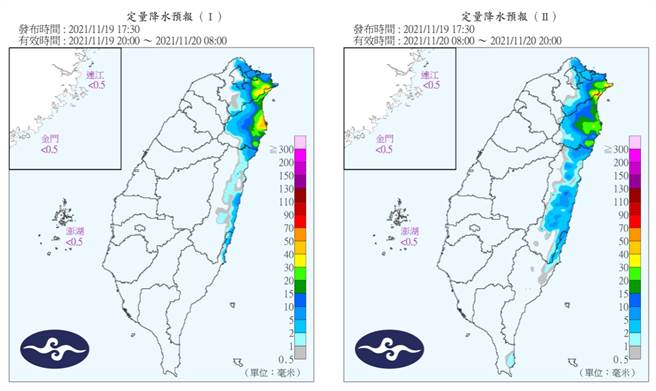 19日-20日定量降水图显示，东北部雨势较大。（气象局）
