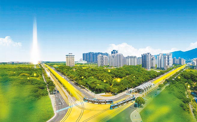 后疫情时代首购族买房思维转念！北市套房价升级淡海大3房，让淡海「名轩海乐地」每周来人破百；图为淡海轻轨空拍合成照。图／业者提供