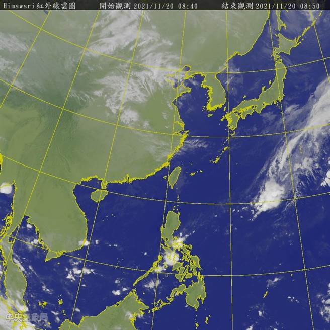 中央气象局预报指出，今天东北季风逐渐减弱，风向渐转偏东风，白天气温可望稍回升，但早晚天气仍较凉。（翻摄自中央气象局／林良齐台北传真）