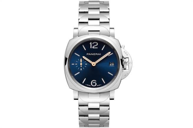 沛纳海Luminor Due-38mm系列PAM01123腕表，蓝面搭金属炼带款。（图/PANERAI提供）
