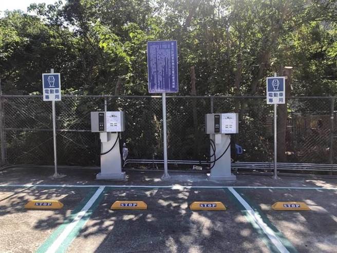 台北市大直计程车服务站设置2个电动快充柱，试办初期可免费充电1小时。（台北市公共运输处提供）