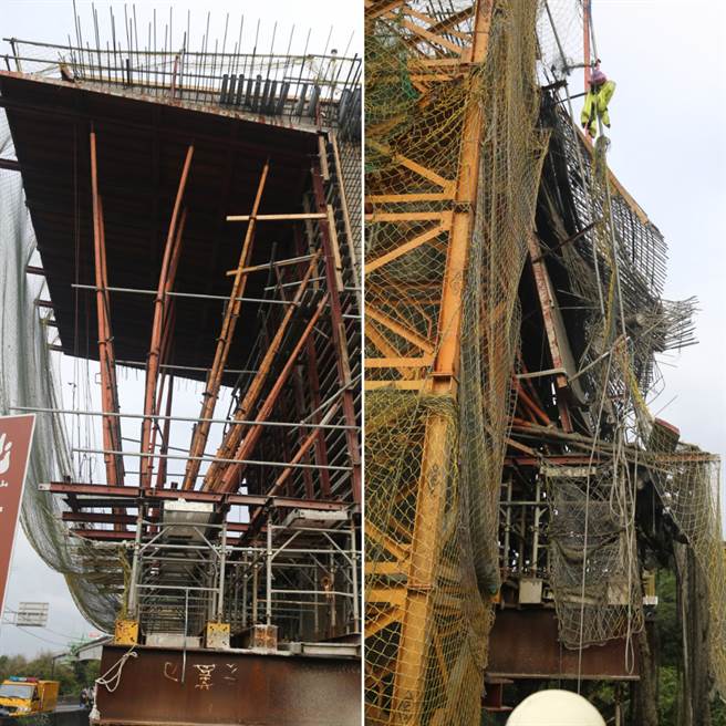 捷运三莺线高架灌浆工程20日发生倒塌事故酿3死2伤，新北市长侯友宜勒令现场停工。左为正常鹰架，右为倒塌鹰架。（杜宜谙摄）