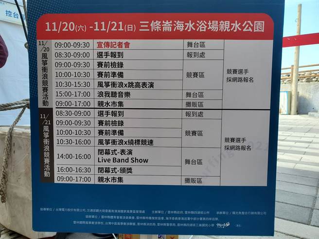 云林县第一届风筝衝浪公开赛的赛程表。（周丽兰摄）