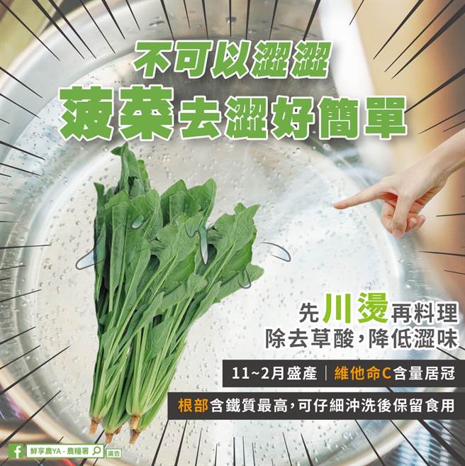 农粮署分享，由于菠菜所含草酸较多，所以建议大家「先川烫、再料理」，即可有效去除大部分草酸，让波菜不再涩涩。（图／翻摄自农粮署脸书）