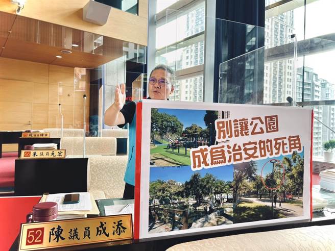 市议员陈成添为民请命说，强力要求建设局儘速在公园重点区域，让所有大人小孩在公园活动，更加有保障。(陈世宗摄)
