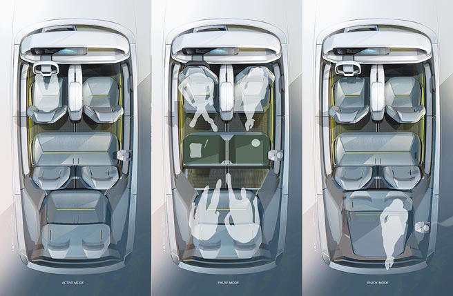 KIA EV9车室可变换出传统（左起）、对座、休閒等不同模式。（KIA提供）
