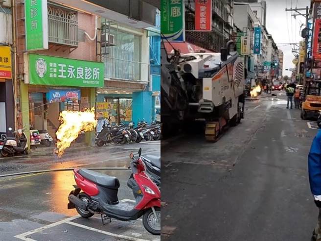 北投自强街、致远一路路口发生柏油路冒火瓦斯公司已经迅速止漏。（图／李文正翻摄）
