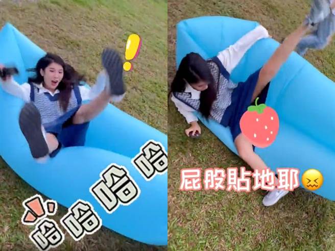 琳妲在气垫床上重心不稳，导致裙底外泄。（图／IG@ linda831212）