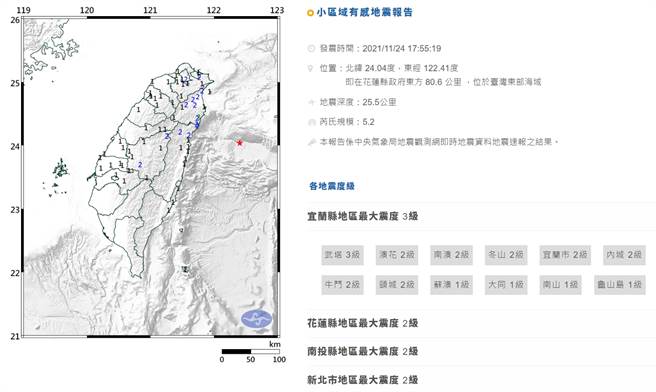 花蓮外海傍晚5點55分發生規模5.2地震，北部相當有感。(圖／氣象局)