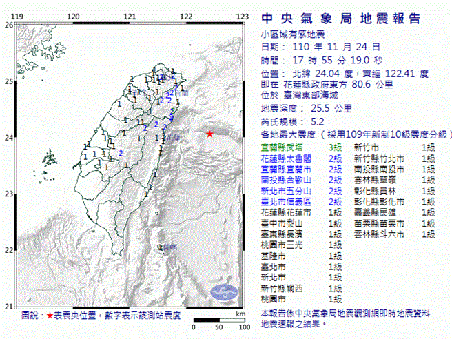 花蓮東部海域今天下午5時55分發生規模5.2地震。（氣象局）