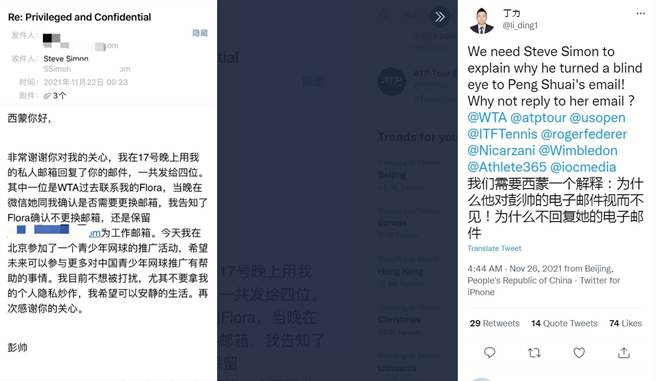 自称是彭帅友人的丁力在推特上公布一份据称是彭帅写给WTA主席赛门的电邮。（截自推特）