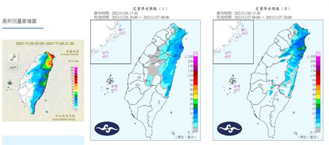 明(27日)受東北季風影響，東台易降雨、東北雨勢大。(圖／中央氣象局)