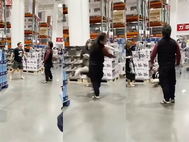 網友今天PO出一段影片，影片中2名男子當場在賣場內互相揮拳，其中1男甚至被打到摔倒、攤在地上。（翻攝自臉書「爆廢公社公開版」）