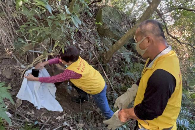 横山乡麒麟步道发现被捕兽夹夹伤前脚的山羌。（新竹县政府提供／罗浚滨新竹传真）