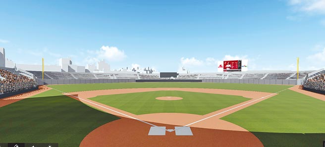 新竹市立棒球场目前已完成内野主看台结构，市府更追加预算，加大转播萤幕，整体工程进度已逾9成。（新竹市政府提供示意图／陈育贤新竹传真）