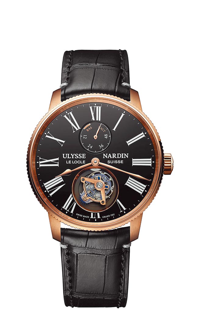 雅典表為歡慶175周年，推出航海系列領航者大明火琺瑯玫瑰金陀飛輪表，限量175只，151萬2000元。（Ulysse Nardin提供）