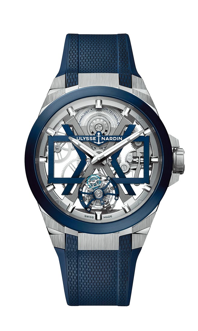 雅典表BLAST藍色鏤空陀飛輪腕表，橡膠表帶款，151萬2000元。（Ulysse Nardin提供）