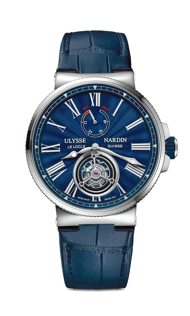 雅典表航海系列藍面大明火琺瑯陀飛輪表，99萬元。（Ulysse Nardin提供）