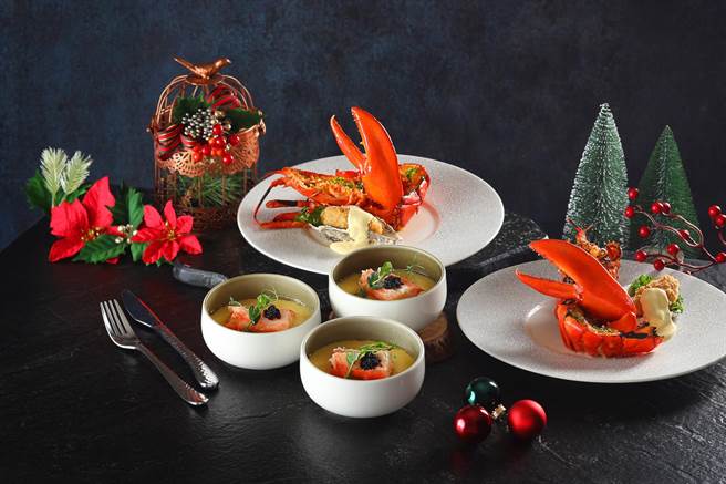 「50楼Café」推出海陆盛宴，而耶诞跨年大餐更加码奢华料理，包括无限供应的帝王蟹鱼子蒸蛋、每人1份焗烤波士顿龙虾搭配酥炸日本生蚝。（50楼Café提供）
