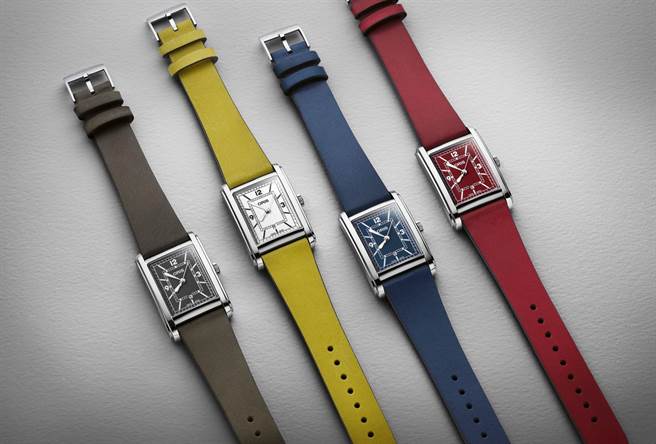 ORIS複刻已停產10年Rectangular方形腕表，色彩繽紛，更添活力，5萬5000元。（ORIS提供）