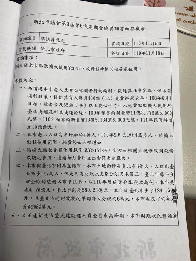 叶元之吁市府将未用完480点回馈长辈 社会局：所剩无几无法移用。（叶元之提供）