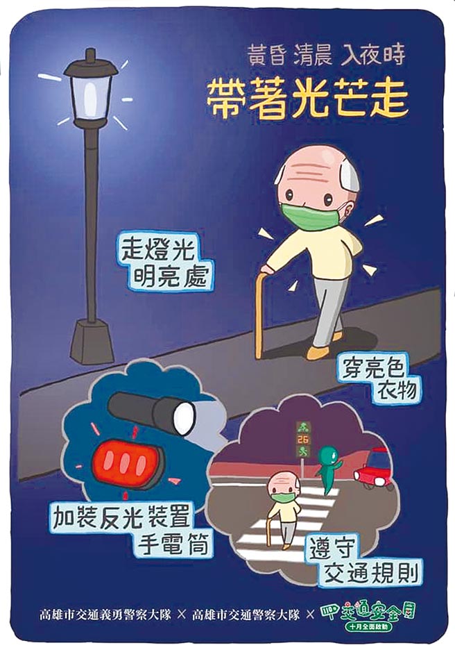 高市警局製作提醒長輩外出要穿亮衣、朝著亮光走的宣導圖。（翻攝畫面／石秀華高雄傳真）