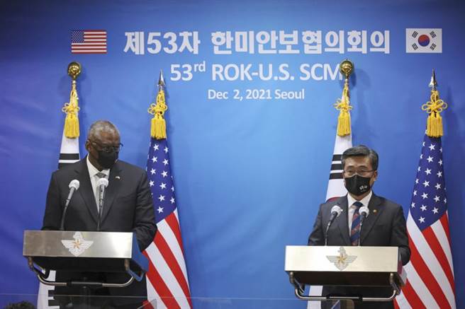 美國及南韓國防部長在首爾舉行會談，會後共同聲明首次提及台海問題。（圖／美聯社）