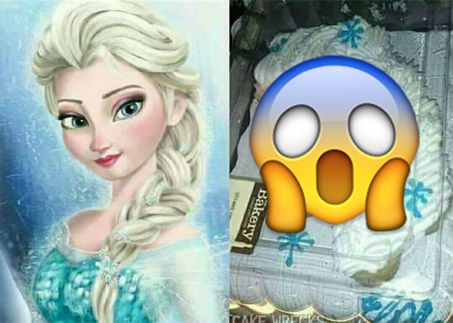 网友分享一张「艾莎」蛋糕的对照图，走钟程度令人傻眼，超惊悚模样曝光让眾人笑翻。(图/截自脸书爆废公社)