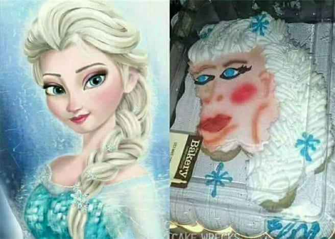 客人订制「冰雪奇缘」艾莎蛋糕(左)，不料收到时完全走钟，被网友笑称是「冰雪奇猿」(右)。(图/截自脸书爆废公社)