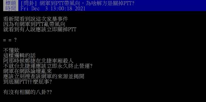 乡民不满何志伟不抓网军头，却是甩锅给PTT平台，极为愤怒。(图／PTT)