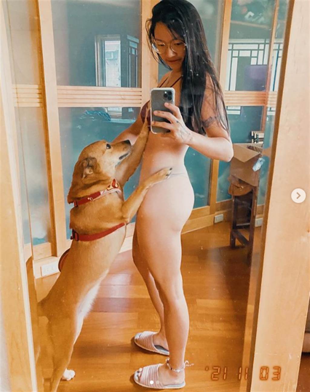 一張愛犬襲胸照，成了網友討論焦點。（翻攝ffffeifffei　IG）