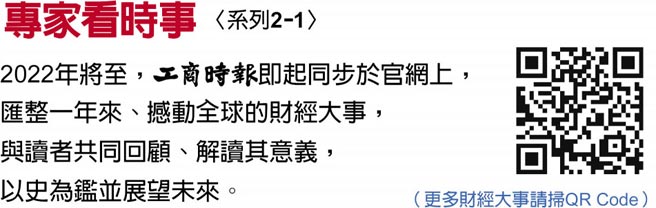 專家看時事〈系列2-1〉  2022年將至，工商時報即起同步於官網上，匯整一年來、撼動全球的財經大事，與讀者共同回顧、解讀其意義，以史為鑑並展望未來。（更多財經大事請掃QR Code）