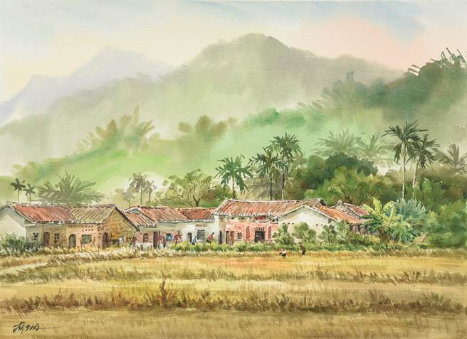 简天佑水彩画「广林温家古厝」。（简天佑提供／林瑞益高雄传真）