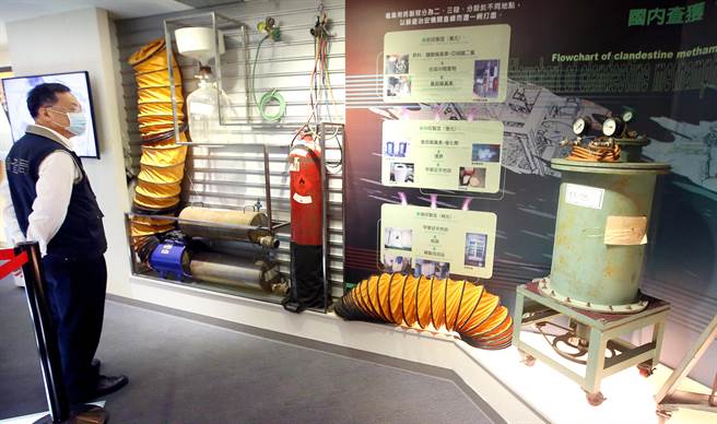 务部调查局与财政部关务署缉毒合作专区7日揭幕，在反毒陈展馆内，调查局陈列所查获的制毒工具。（范扬光摄）