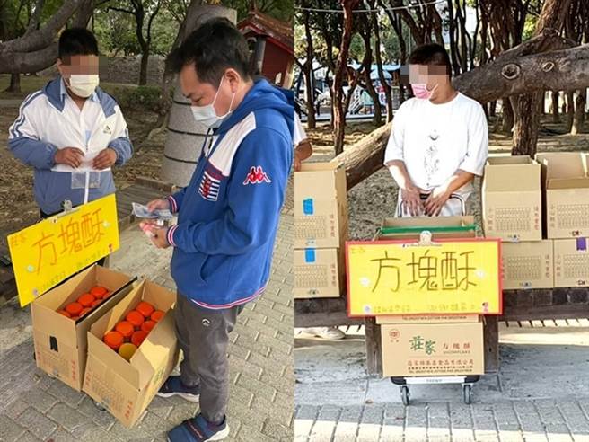 嘉义友忠公园1名男孩独自拉推车卖方块酥，男孩出身单亲家庭，父亲在1个月前过世，家中重病阿嬷与聋哑的姑姑需照顾，男孩只好放学后摆摊贴补家用。（翻摄自顏维勋脸书）