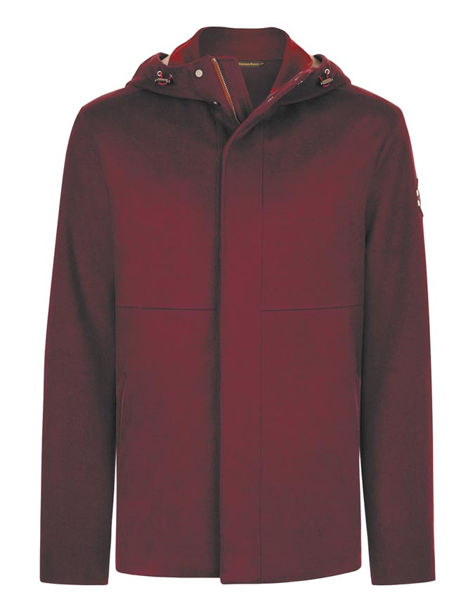 义大利精品Stefano Ricci酒红色连帽羊绒防风外套，16万1000元。（Stefano Ricci提供）