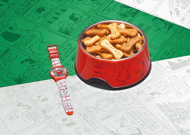 SWATCH圣诞史努比腕表礼盒附赠狗碗，4750元。（SWATCH提供）